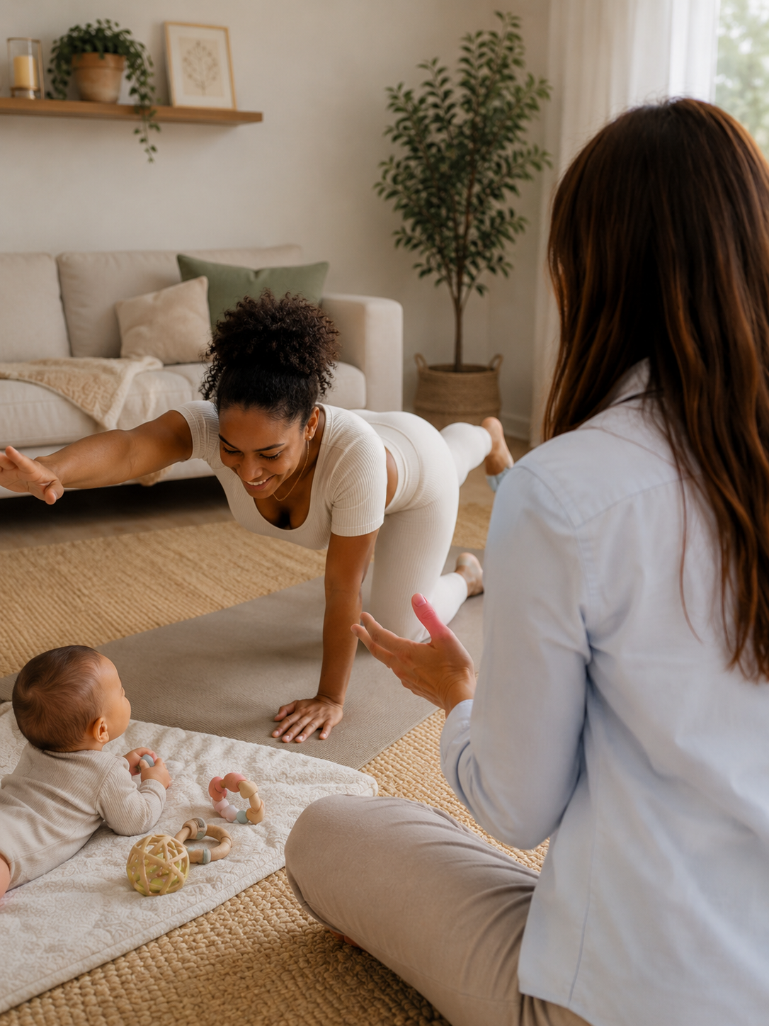 Mama beim Training zu Hause mit Baby, Jasmin Rohde sitzt daneben und leitet die Übung an